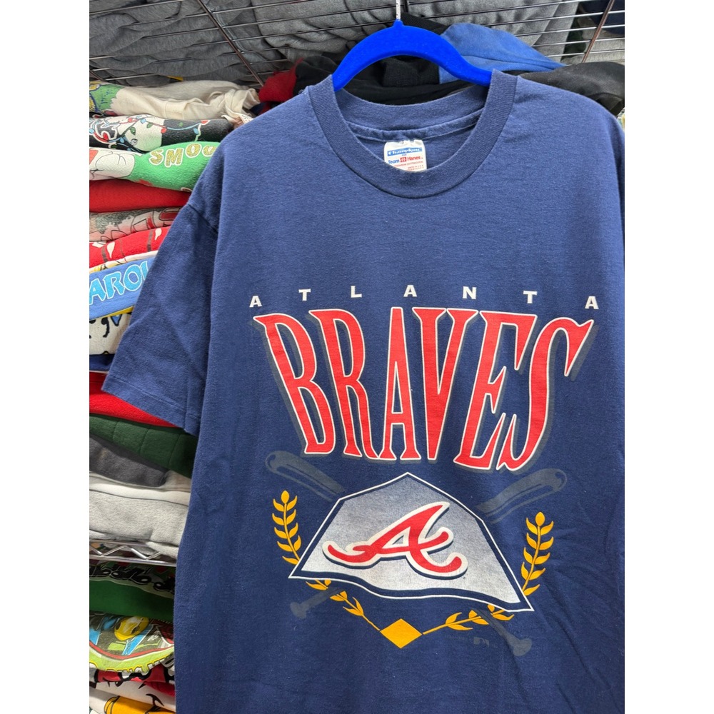 Vintage 90s Atlanta Braves Champion MLB fire Navy Single Stitch T-Shirt Mens L